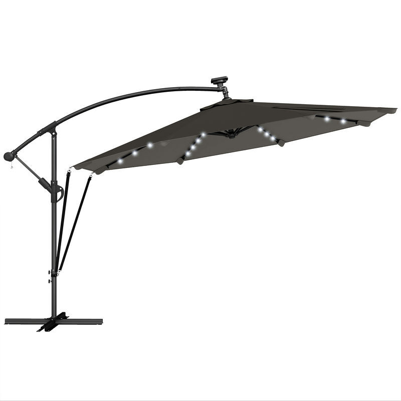 Outsunny parasol excéntrico con luces led solares, ø345 cm, sombrilla de jardín de aluminio con base cruzada, manivela, funda protectora, cuerdas de viento, upf50+, para terraza, patio, gris oscuro