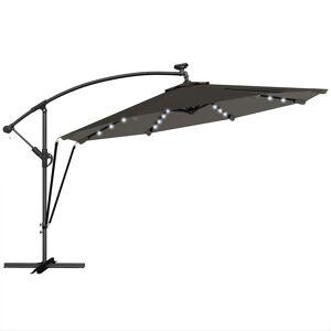 Outsunny Chapéu de Sol Excêntrico com Luzes LED Solares Ø345 cm Chapéu de Sol de Jardim em Alumínio com Base Cruzada Manivela Capa Protetora Cordas de Vento UPF50+ para Terraço Pátio Cinza Escuro