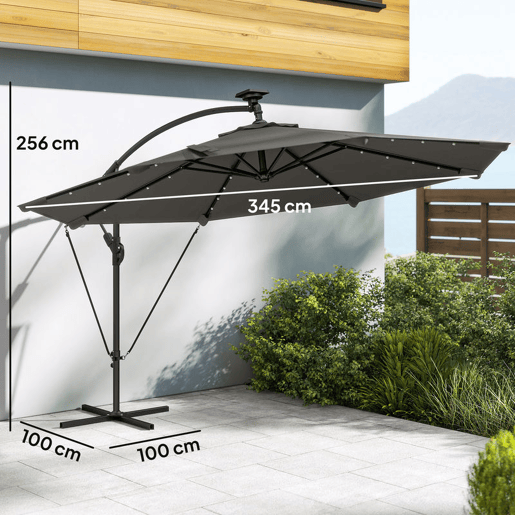 Outsunny Chapéu de Sol Excêntrico com Luzes LED Solares Ø345 cm Chapéu de Sol de Jardim em Alumínio com Base Cruzada Manivela Capa Protetora Cordas de Vento UPF50+ para Terraço Pátio Cinza Escuro