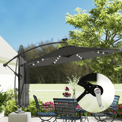 Outsunny Chapéu de Sol Excêntrico com Luzes LED Solares Ø345 cm Chapéu de Sol de Jardim em Alumínio com Base Cruzada Manivela Capa Protetora Cordas de Vento UPF50+ para Terraço Pátio Cinza Escuro