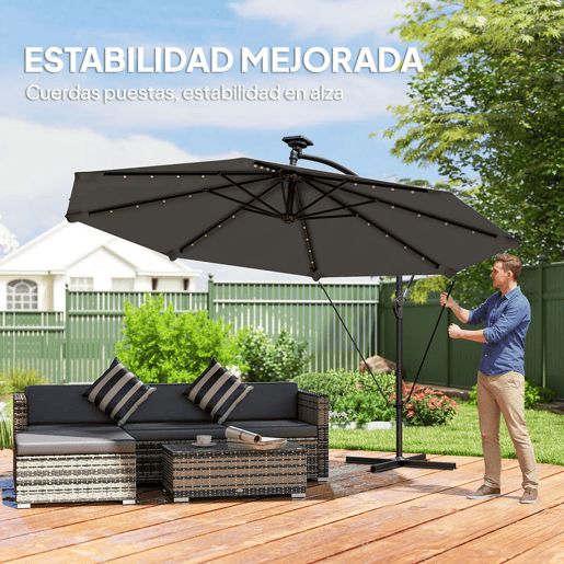 Outsunny Chapéu de Sol Excêntrico com Luzes LED Solares Ø345 cm Chapéu de Sol de Jardim em Alumínio com Base Cruzada Manivela Capa Protetora Cordas de Vento UPF50+ para Terraço Pátio Cinza Escuro