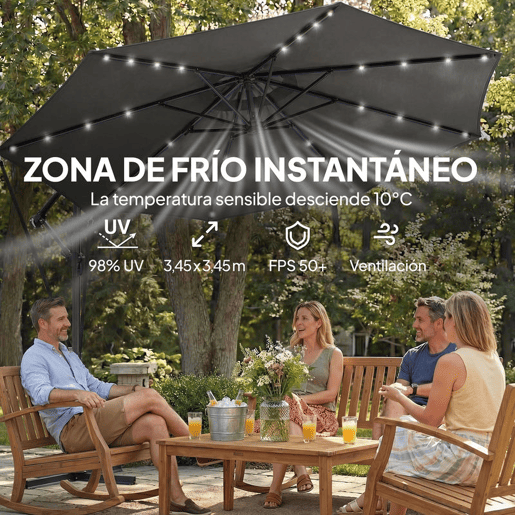 Outsunny Chapéu de Sol Excêntrico com Luzes LED Solares Ø345 cm Chapéu de Sol de Jardim em Alumínio com Base Cruzada Manivela Capa Protetora Cordas de Vento UPF50+ para Terraço Pátio Cinza Escuro