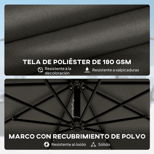 Outsunny Chapéu de Sol Excêntrico com Luzes LED Solares Ø345 cm Chapéu de Sol de Jardim em Alumínio com Base Cruzada Manivela Capa Protetora Cordas de Vento UPF50+ para Terraço Pátio Cinza Escuro