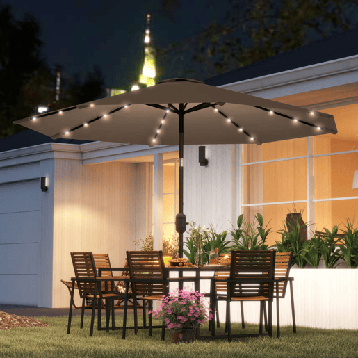 Outsunny Chapéu de Sol com 32 Luzes LED Solares Ø265 cm, Inclinável com Manivela e Mastro de Aço para Terraço, Pátio e Exterior Cáqui