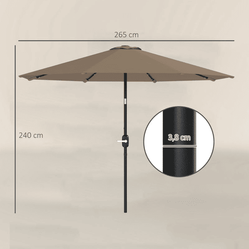 Outsunny Chapéu de Sol com 32 Luzes LED Solares Ø265 cm, Inclinável com Manivela e Mastro de Aço para Terraço, Pátio e Exterior Cáqui