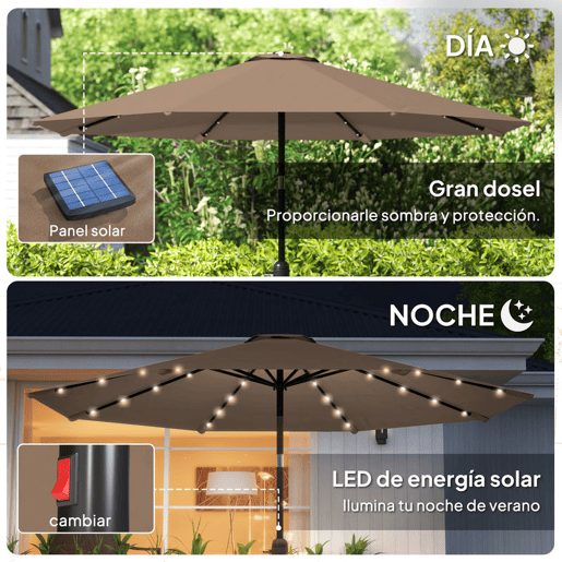 Outsunny Chapéu de Sol com 32 Luzes LED Solares Ø265 cm, Inclinável com Manivela e Mastro de Aço para Terraço, Pátio e Exterior Cáqui