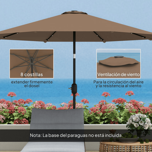 Outsunny Chapéu de Sol com 32 Luzes LED Solares Ø265 cm, Inclinável com Manivela e Mastro de Aço para Terraço, Pátio e Exterior Cáqui