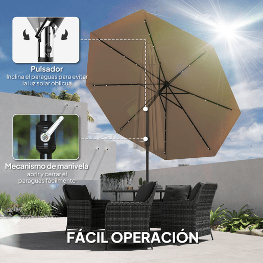 Outsunny Chapéu de Sol com 32 Luzes LED Solares Ø265 cm, Inclinável com Manivela e Mastro de Aço para Terraço, Pátio e Exterior Cáqui