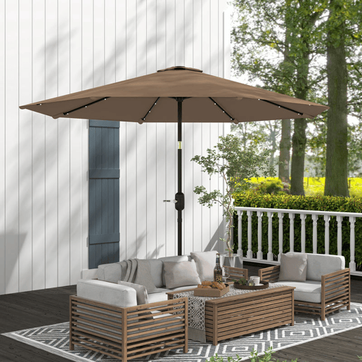 Outsunny Chapéu de Sol com 32 Luzes LED Solares Ø265 cm, Inclinável com Manivela e Mastro de Aço para Terraço, Pátio e Exterior Cáqui