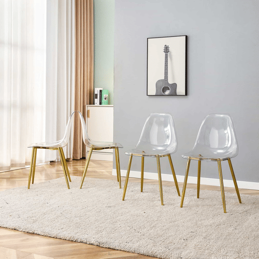 4 cadeiras de sala de jantar - transparentes com pernas metálicas douradas, estáveis e antiderrapantes - dourado e transparente