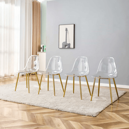 4 cadeiras de sala de jantar - transparentes com pernas metálicas douradas, estáveis e antiderrapantes - dourado e transparente