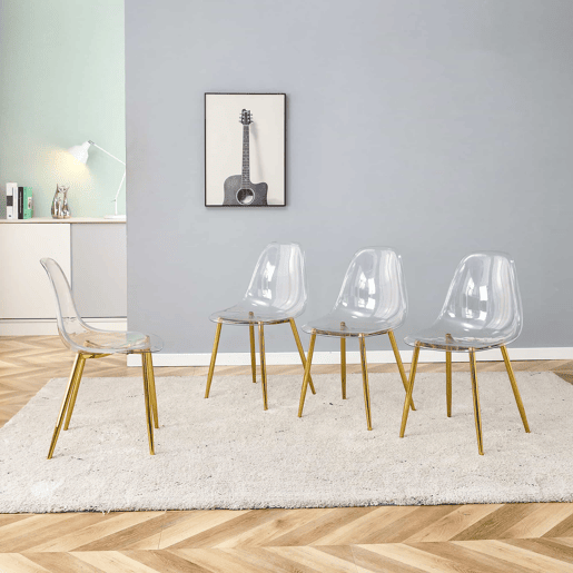 4 cadeiras de sala de jantar - transparentes com pernas metálicas douradas, estáveis e antiderrapantes - dourado e transparente