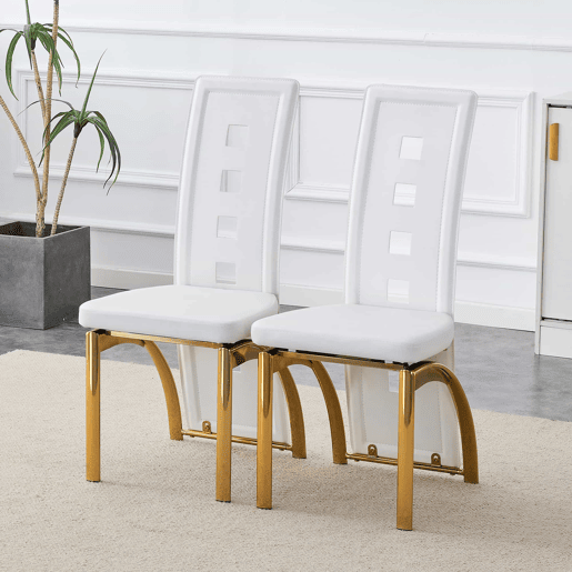 Cadeiras de sala de jantar 2 peças - design europeu com padrão perfurado, couro PU branco mate + pernas metálicas douradas - Branco+Dourado