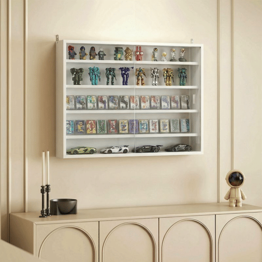 HOMCOM Vitrine de Parede de Madeira com Prateleiras Ajustáveis e 2 Portas Corredeiras de Vidro para Coleções Perfumes Bonecos de Decoração 80x9,5x60 cm Branco