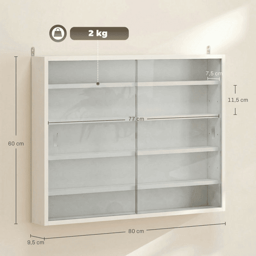 HOMCOM Vitrine de Parede de Madeira com Prateleiras Ajustáveis e 2 Portas Corredeiras de Vidro para Coleções Perfumes Bonecos de Decoração 80x9,5x60 cm Branco