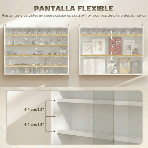 HOMCOM Vitrine de Parede de Madeira com Prateleiras Ajustáveis e 2 Portas Corredeiras de Vidro para Coleções Perfumes Bonecos de Decoração 80x9,5x60 cm Branco