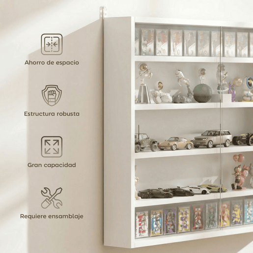 HOMCOM Vitrine de Parede de Madeira com Prateleiras Ajustáveis e 2 Portas Corredeiras de Vidro para Coleções Perfumes Bonecos de Decoração 80x9,5x60 cm Branco