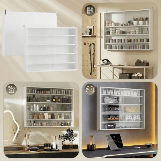 HOMCOM Vitrine de Parede de Madeira com Prateleiras Ajustáveis e 2 Portas Corredeiras de Vidro para Coleções Perfumes Bonecos de Decoração 80x9,5x60 cm Branco