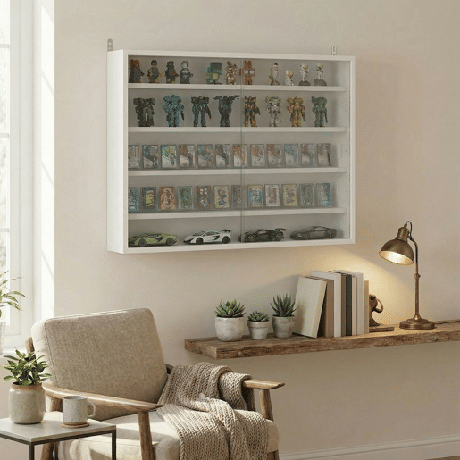 HOMCOM Vitrine de Parede de Madeira com Prateleiras Ajustáveis e 2 Portas Corredeiras de Vidro para Coleções Perfumes Bonecos de Decoração 80x9,5x60 cm Branco
