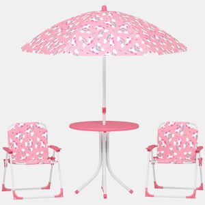 AIYAPLAY Conjunto Infantil de Mesa e Cadeiras de Jardim de 4 Peças Mesa Infantil com Cadeiras Dobráveis Chapéu de Sol Desmontável, Design de Unicórnios e Arco-Íris para Jardim Piquenique Rosa
