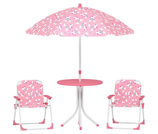 Aiyaplay conjunto de mesa y sillas infantil de jardín de 4 piezas, mesa infantil con sillas plegables, sombrilla desmontable, diseño de unicornios y arcoíris, para patio, pícnic, rosa