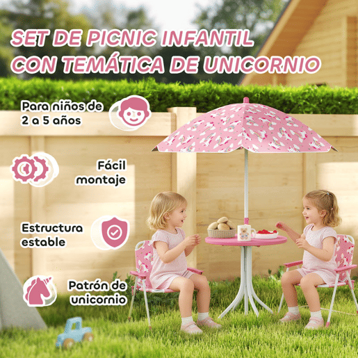 AIYAPLAY Conjunto Infantil de Mesa e Cadeiras de Jardim de 4 Peças Mesa Infantil com Cadeiras Dobráveis Chapéu de Sol Desmontável, Design de Unicórnios e Arco-Íris para Jardim Piquenique Rosa