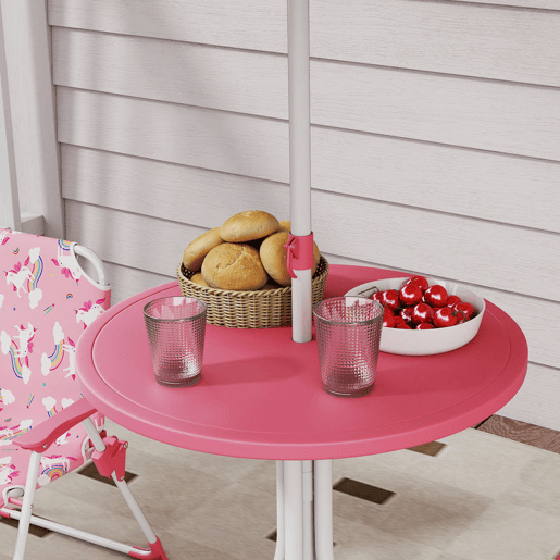 AIYAPLAY Conjunto Infantil de Mesa e Cadeiras de Jardim de 4 Peças Mesa Infantil com Cadeiras Dobráveis Chapéu de Sol Desmontável, Design de Unicórnios e Arco-Íris para Jardim Piquenique Rosa