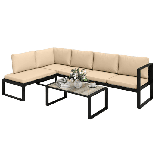 Outsunny Conjunto de Jardim Exterior de 4 Peças Móveis de Jardim com 2 Sofás de 2 Lugares 1 Cadeira sem Braços e Mesa de Centr Conjunto de Sofá com Estrutura de Aço e Almofadas Caqui