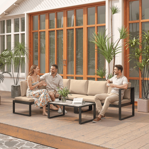 Outsunny Conjunto de Jardim Exterior de 4 Peças Móveis de Jardim com 2 Sofás de 2 Lugares 1 Cadeira sem Braços e Mesa de Centr Conjunto de Sofá com Estrutura de Aço e Almofadas Caqui