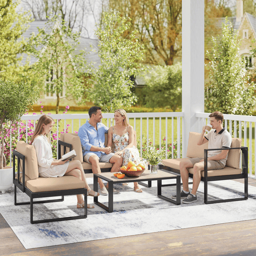 Outsunny Conjunto de Jardim Exterior de 4 Peças Móveis de Jardim com 2 Sofás de 2 Lugares 1 Cadeira sem Braços e Mesa de Centr Conjunto de Sofá com Estrutura de Aço e Almofadas Caqui