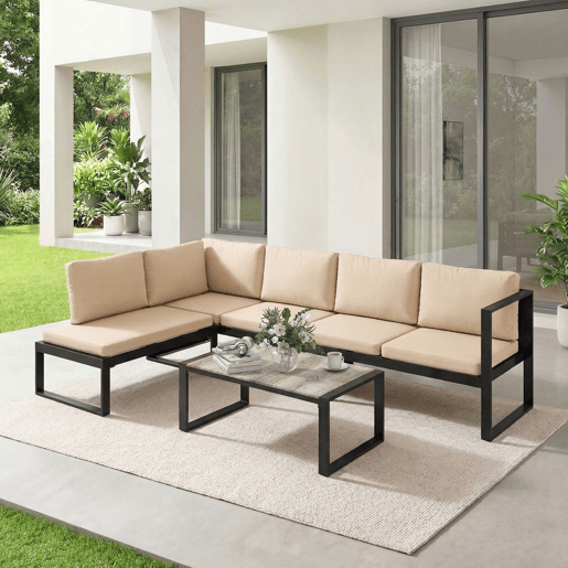 Outsunny Conjunto de Jardim Exterior de 4 Peças Móveis de Jardim com 2 Sofás de 2 Lugares 1 Cadeira sem Braços e Mesa de Centr Conjunto de Sofá com Estrutura de Aço e Almofadas Caqui