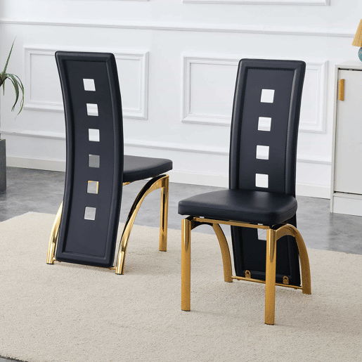Conjunto de 2 cadeiras de jantar com design europeu - Couro PU preto + pernas metálicas douradas - 102,5 cm - Preto e dourado