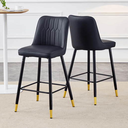 Conjunto de 2 bancos de bar, 100 cm - Couro PU preto, estrutura metálica preta, apoio para os pés confortável - Preto