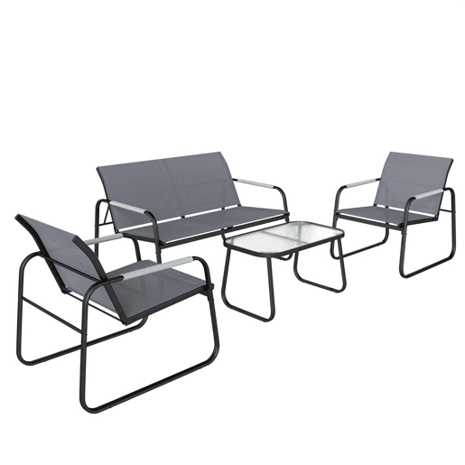 Outsunny Conjunto de Jardim Exterior de 4 Peças Móveis para Jardim com 1 Sofá de 2 Lugares 2 Poltronas e Mesa com Tampo de Vidro Temperado Estrutura em Aço e Textilene Respirável Cinzento