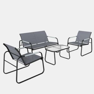 Outsunny Conjunto de Jardim Exterior de 4 Peças Móveis para Jardim com 1 Sofá de 2 Lugares 2 Poltronas e Mesa com Tampo de Vidro Temperado Estrutura em Aço e Textilene Respirável Cinzento