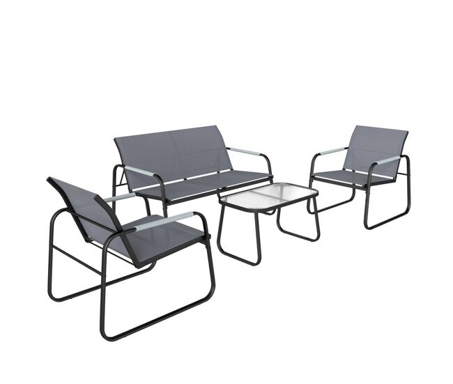 Outsunny conjunto de jardín exterior de 4 piezas, muebles jardín exterior con 1 sofá de 2 plazas, 2 sillones y mesa de vidrio templado, estructura de acero y textilene transpirable, gris