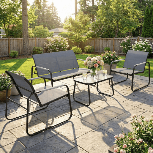 Outsunny Conjunto de Jardim Exterior de 4 Peças Móveis para Jardim com 1 Sofá de 2 Lugares 2 Poltronas e Mesa com Tampo de Vidro Temperado Estrutura em Aço e Textilene Respirável Cinzento