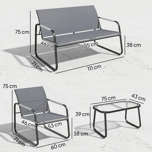 Outsunny Conjunto de Jardim Exterior de 4 Peças Móveis para Jardim com 1 Sofá de 2 Lugares 2 Poltronas e Mesa com Tampo de Vidro Temperado Estrutura em Aço e Textilene Respirável Cinzento
