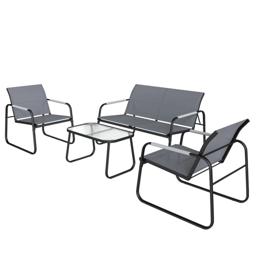 Outsunny Conjunto de Jardim Exterior de 4 Peças Móveis para Jardim com 1 Sofá de 2 Lugares 2 Poltronas e Mesa com Tampo de Vidro Temperado Estrutura em Aço e Textilene Respirável Cinzento