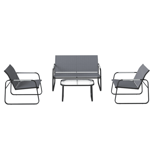 Outsunny Conjunto de Jardim Exterior de 4 Peças Móveis para Jardim com 1 Sofá de 2 Lugares 2 Poltronas e Mesa com Tampo de Vidro Temperado Estrutura em Aço e Textilene Respirável Cinzento