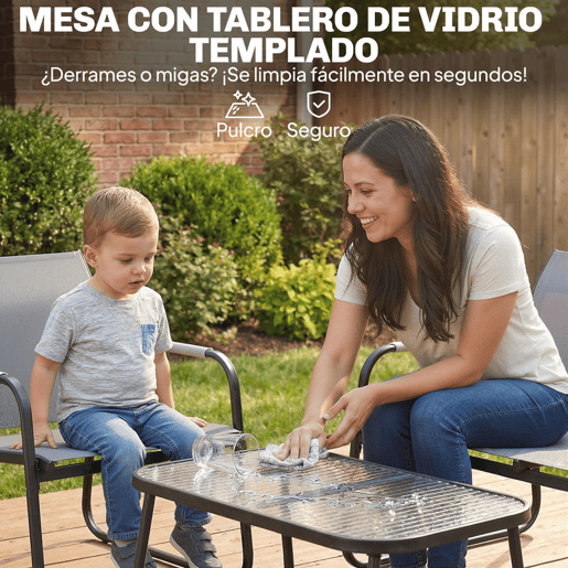 Outsunny Conjunto de Jardim Exterior de 4 Peças Móveis para Jardim com 1 Sofá de 2 Lugares 2 Poltronas e Mesa com Tampo de Vidro Temperado Estrutura em Aço e Textilene Respirável Cinzento