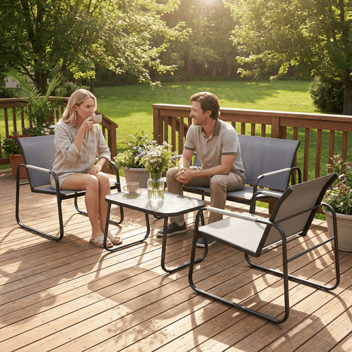 Outsunny Conjunto de Jardim Exterior de 4 Peças Móveis para Jardim com 1 Sofá de 2 Lugares 2 Poltronas e Mesa com Tampo de Vidro Temperado Estrutura em Aço e Textilene Respirável Cinzento