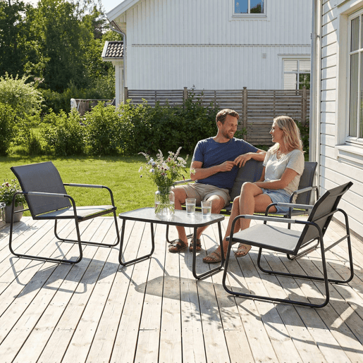 Outsunny Conjunto de Jardim Exterior de 4 Peças Móveis para Jardim com 1 Sofá de 2 Lugares 2 Poltronas e Mesa com Tampo de Vidro Temperado Estrutura em Aço e Textilene Respirável Cinzento