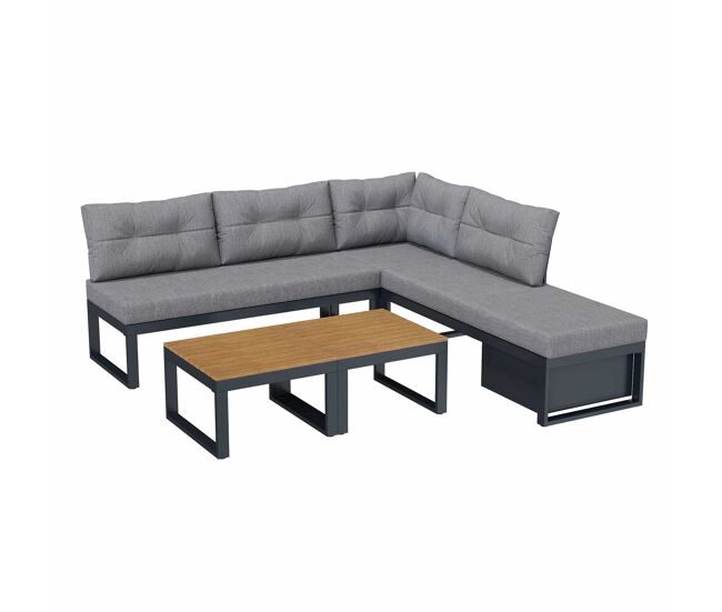 Conjunto de muebles de jardín - 3 posiciones reclinables, cojines gruesos, almacenamiento, funda resistente al clima - gris oscuro