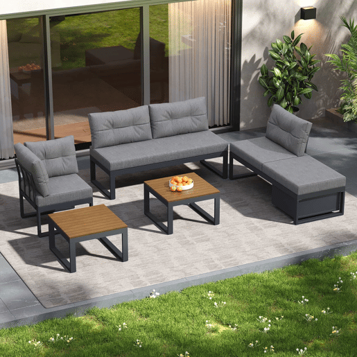 Conjunto de móveis de jardim - 3 posições reclináveis, almofadas grossas, arrumação, capa resistente às intempéries - Cinza escuro