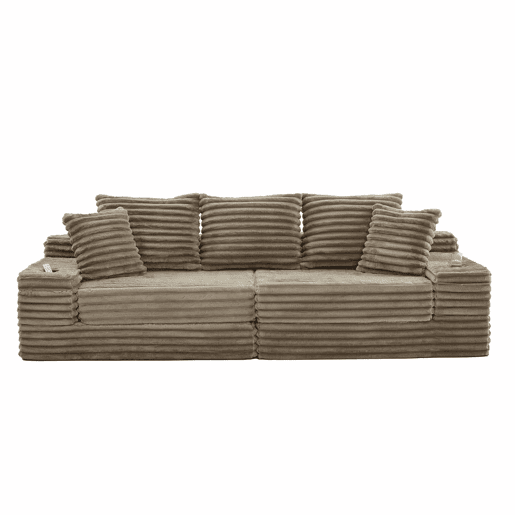 Sofá de 4 lugares - encosto alto, almofadas adicionais, bolsos e porta-copos laterais, convertível em cama, estofamento macio - Cáqui