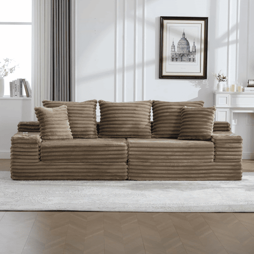 Sofá de 4 lugares - encosto alto, almofadas adicionais, bolsos e porta-copos laterais, convertível em cama, estofamento macio - Cáqui