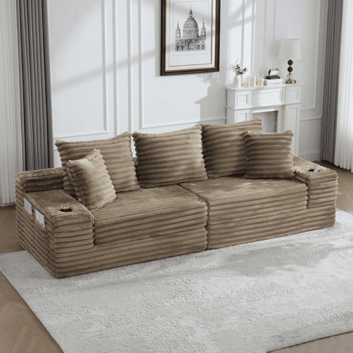 Sofá de 4 lugares - encosto alto, almofadas adicionais, bolsos e porta-copos laterais, convertível em cama, estofamento macio - Cáqui