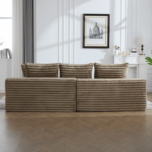 Sofá de 4 lugares - encosto alto, almofadas adicionais, bolsos e porta-copos laterais, convertível em cama, estofamento macio - Cáqui