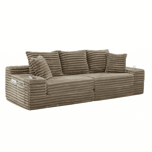 Sofá de 4 lugares - encosto alto, almofadas adicionais, bolsos e porta-copos laterais, convertível em cama, estofamento macio - Cáqui